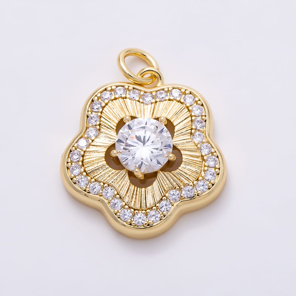 16K Gold Filled 17mm Clear Micro Paved CZ Ribbed Sunburst Flower Charm in Gold & Silver | Charms-02292 Charms-02293