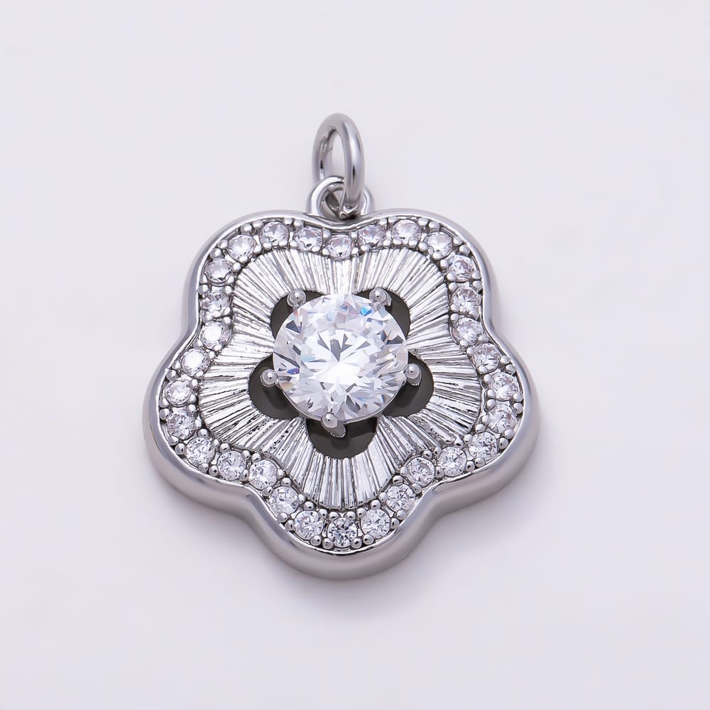 16K Gold Filled 17mm Clear Micro Paved CZ Ribbed Sunburst Flower Charm in Gold & Silver | Charms-02292 Charms-02293