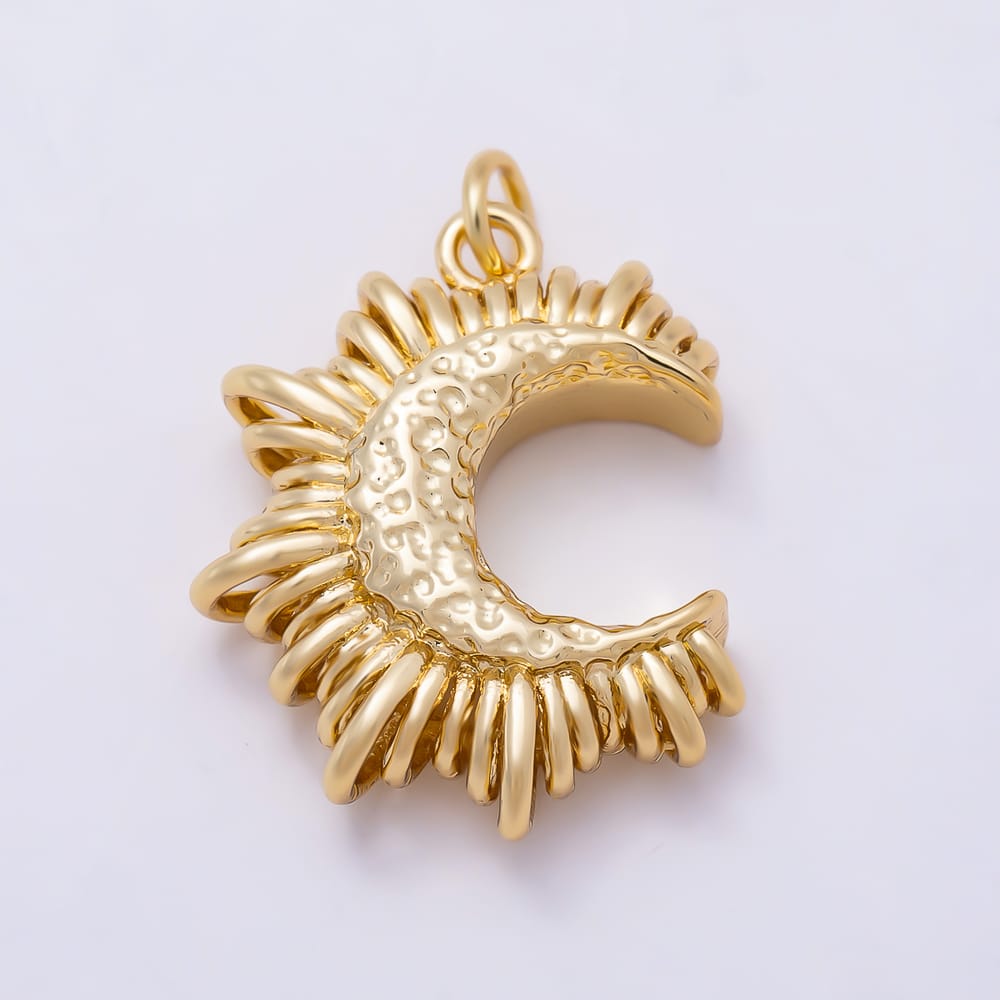 16K Gold Filled 22mm Celestial Crescent Moon Geometric Sunburst Loop Hammered Charm | Charms-02302