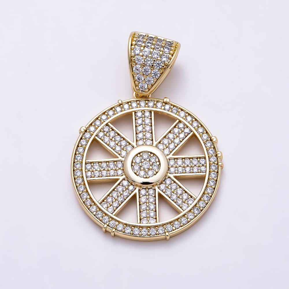 16K Gold Filled 24mm Open Micro Paved CZ Band Geometric Wheel Pendant | Charms-02305