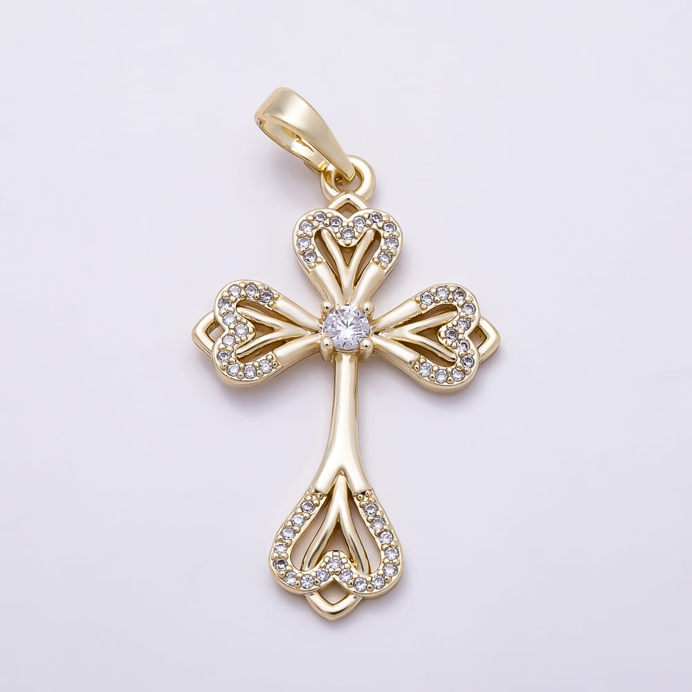 16K Gold Filled 32mm Micro Paved CZ Heart Passion Cross Religious Pendant | Charms-02306