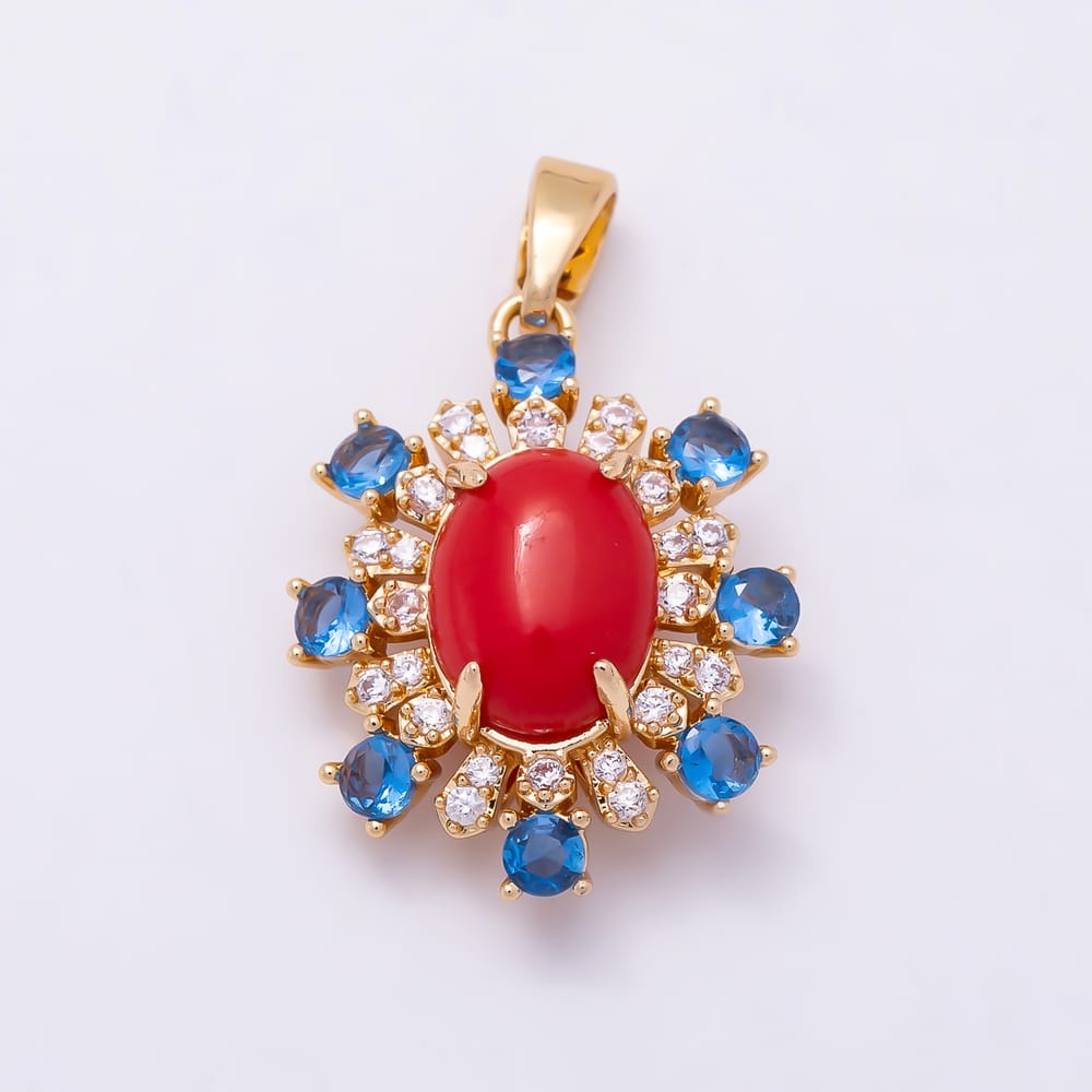 16K Gold Filled 20mm Red Carnelian Cabochon Multicolor CZ Bezel Oval Pendant | Charms-02321