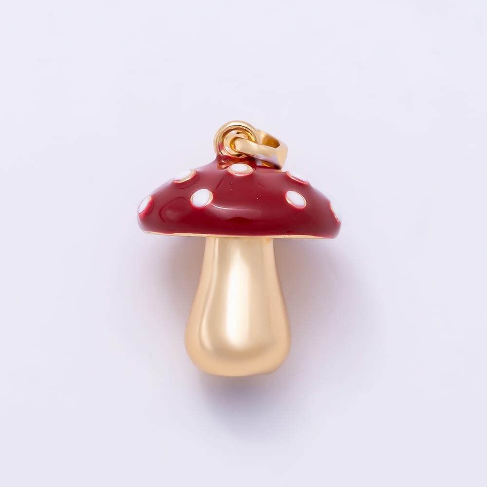 16K Gold Filled 17mm White Dotted Red Enamel Mushroom Vegetable Pendant | Charms-02322