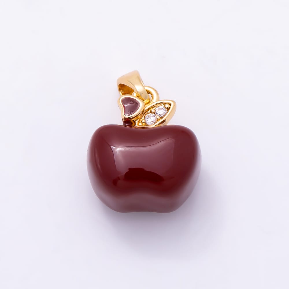 16K Gold Filled 13mm Clear Micro Paved CZ Red Enamel Apple Fruit Pendant | Charms-02323