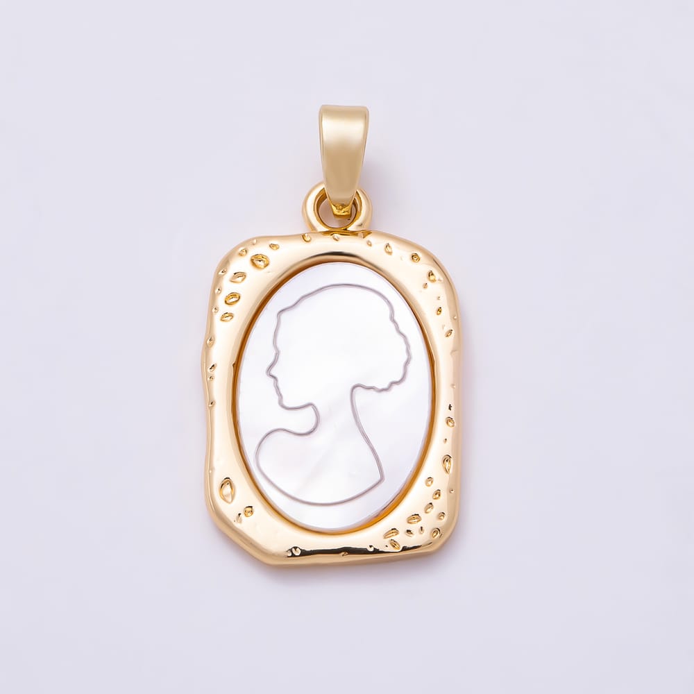 16K Gold Filled 21mm Woman Cameo Shell Pearl Molten Bezel Rectangle Tag Pendant in Gold & Silver | Charms-02327 Charms-02328