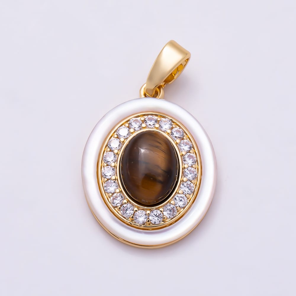 16K Gold Filled 18mm Micro Paved CZ Shell Pearl Tiger Eye Cabochon Gemstone Oval Pendant in Gold & Silver | Charms-02329 Charms-02330