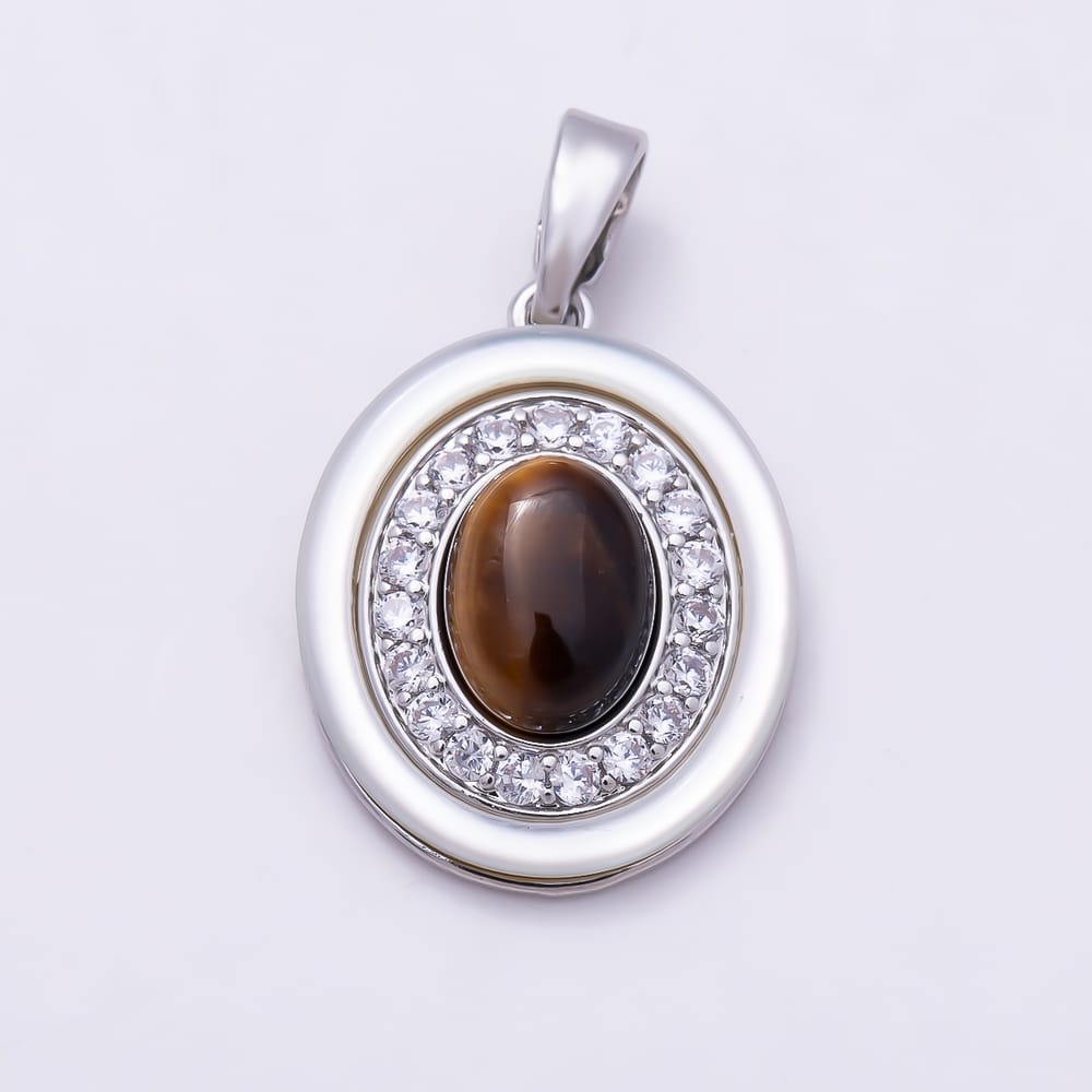 16K Gold Filled 18mm Micro Paved CZ Shell Pearl Tiger Eye Cabochon Gemstone Oval Pendant in Gold & Silver | Charms-02329 Charms-02330