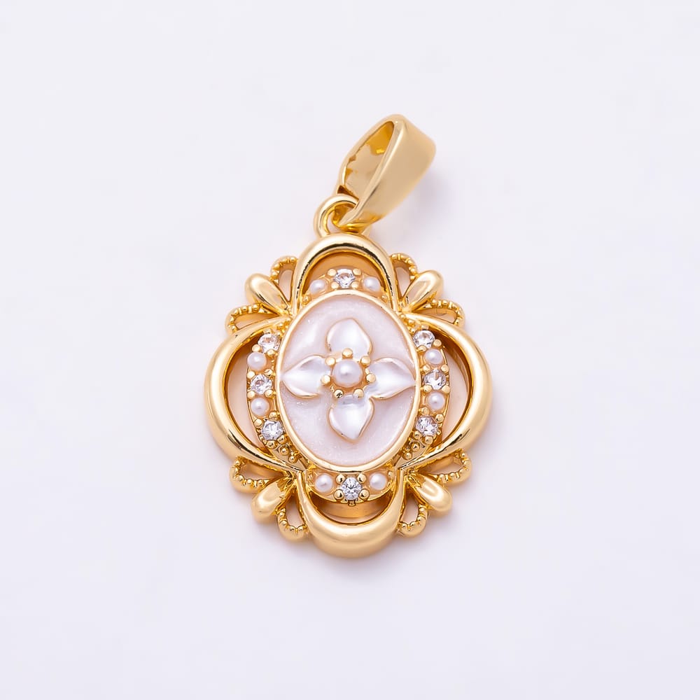 16K Gold Filled 18mm Clear CZ White Enamel Shell Pearl Flower Oval Artisan Pendant in Gold & Silver | Charms-02331 Charms-02332