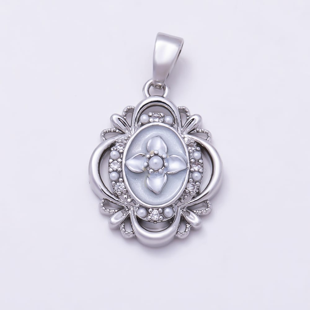 16K Gold Filled 18mm Clear CZ White Enamel Shell Pearl Flower Oval Artisan Pendant in Gold & Silver | Charms-02331 Charms-02332