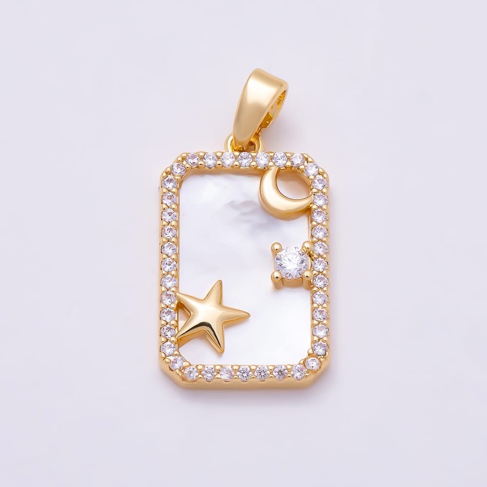 16K Gold Filled 20mm Celestial Star Moon Micro Paved CZ Shell Pearl Rectangle Pendant in Gold & Silver | Charms-02333 Charms-02334