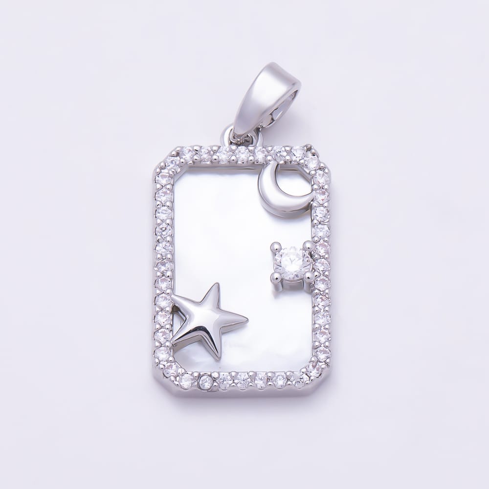 16K Gold Filled 20mm Celestial Star Moon Micro Paved CZ Shell Pearl Rectangle Pendant in Gold & Silver | Charms-02333 Charms-02334