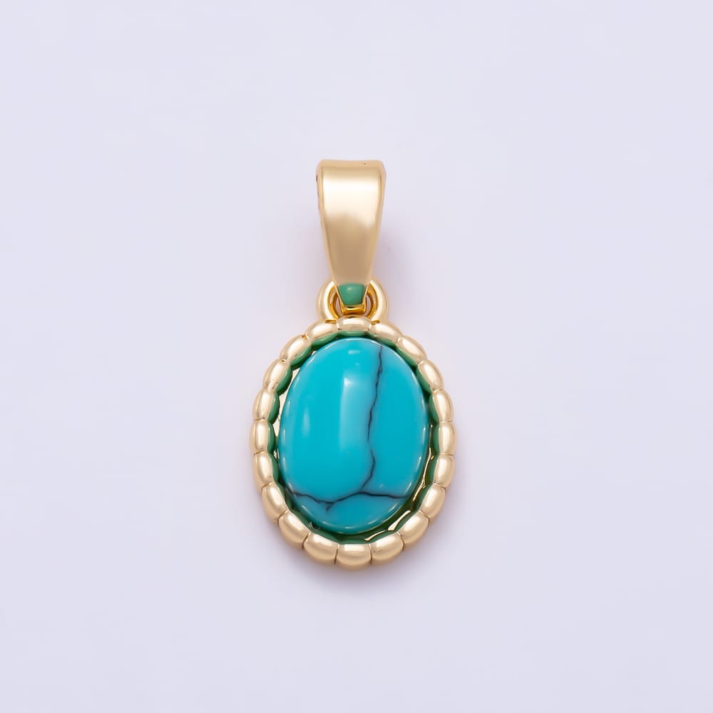 16K Gold Filled 15mm Turquoise, Tiger Eye Cabochon Bezel Oval Pendant in Gold & Silver | Charms-02335 ~ Charms-02338