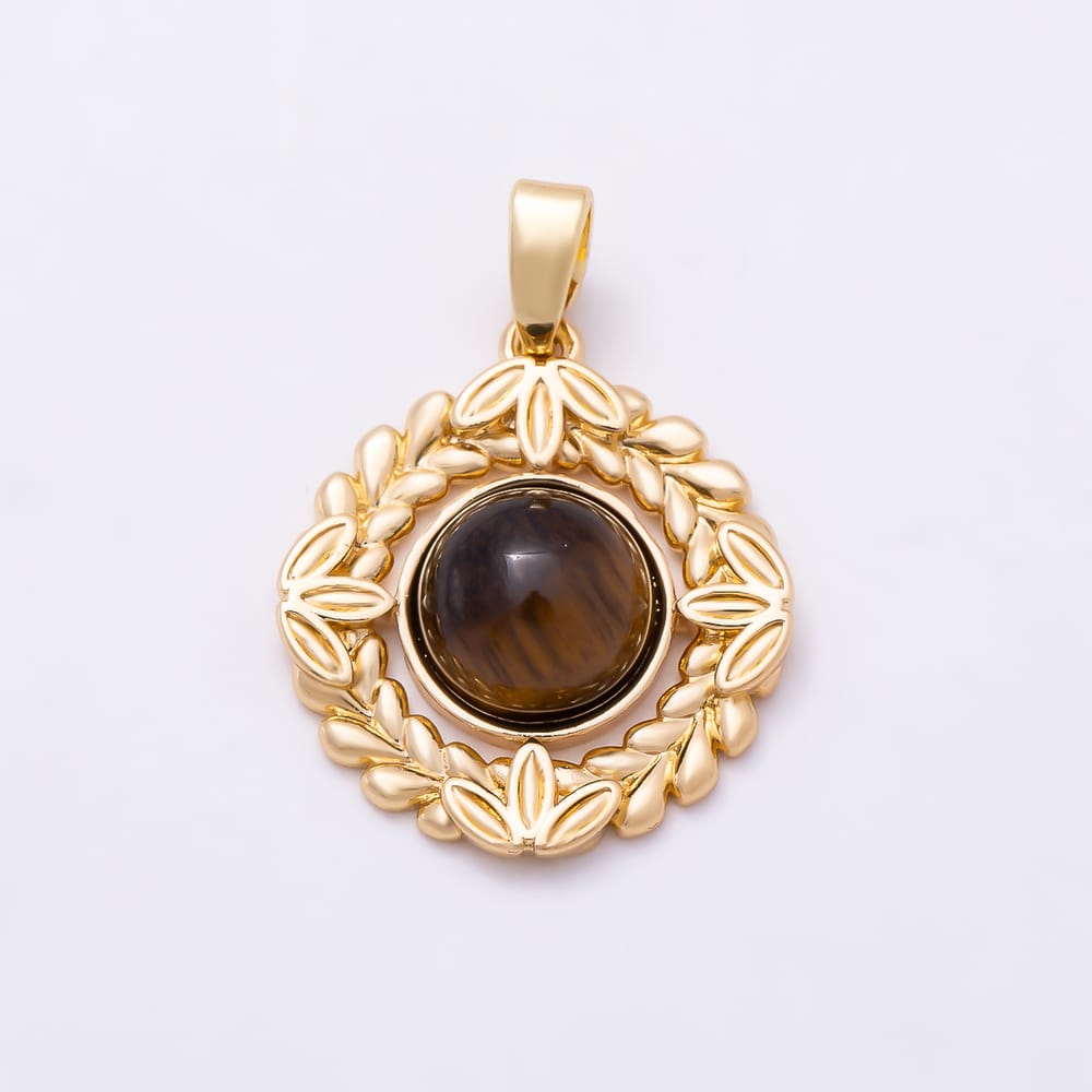 16K Gold Filled 20mm Tiger Eye Round Leaf Bezel Rhombus Pendant in Gold & Silver | Charms-02339 Charms-02340