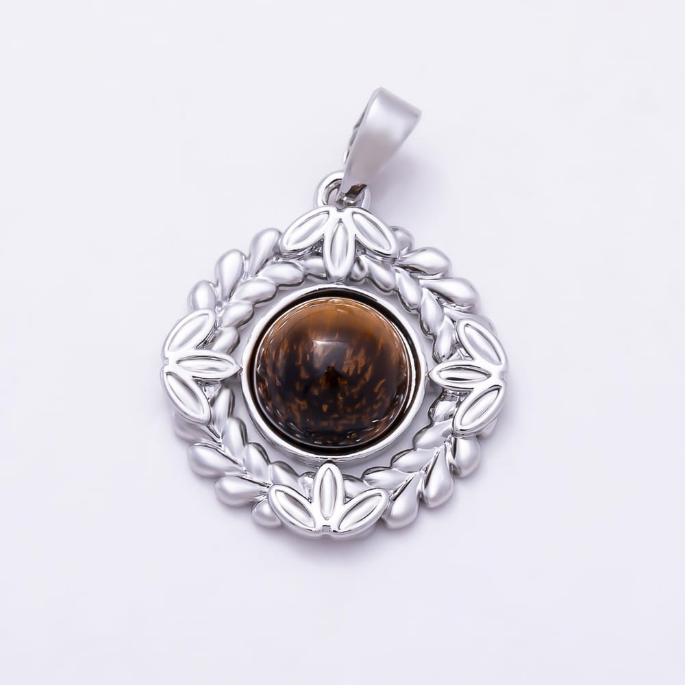 16K Gold Filled 20mm Tiger Eye Round Leaf Bezel Rhombus Pendant in Gold & Silver | Charms-02339 Charms-02340