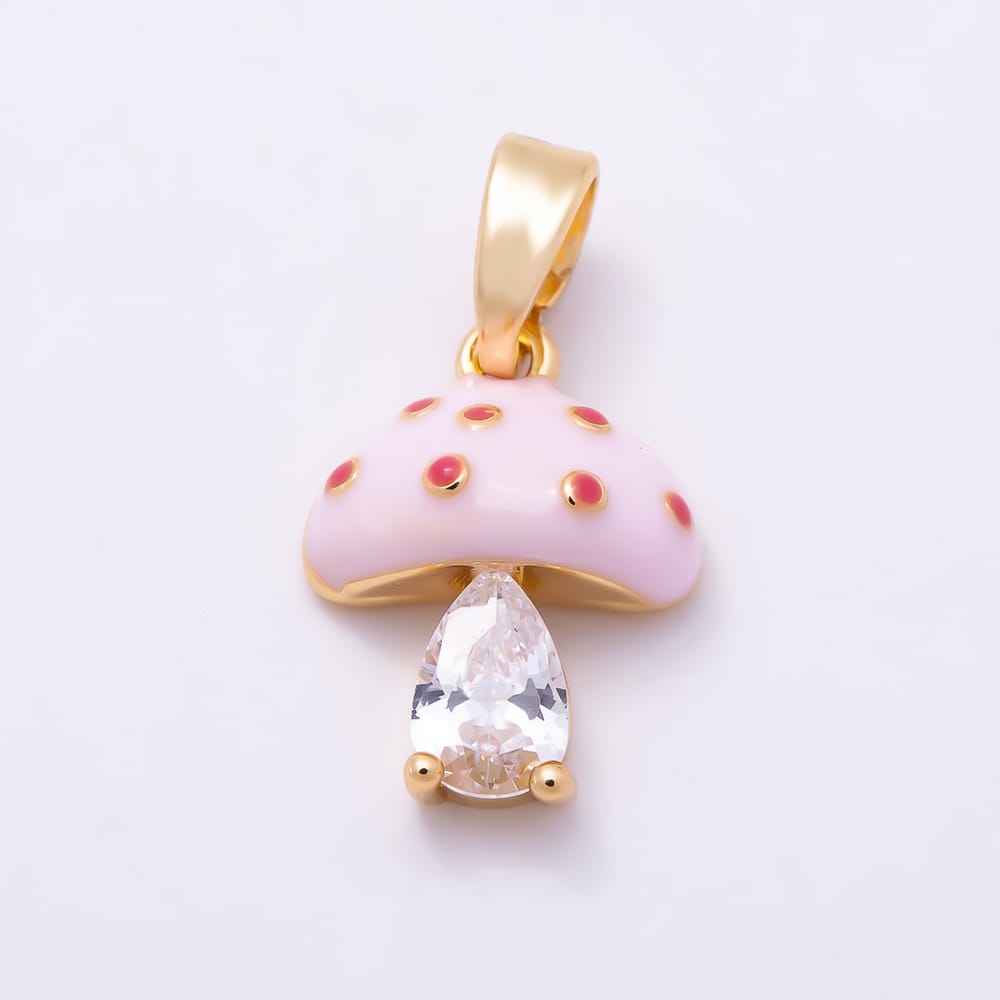 16K Gold Filled 13mm Pink Enamel Teardrop CZ Mushroom Pendant | Charms-02341