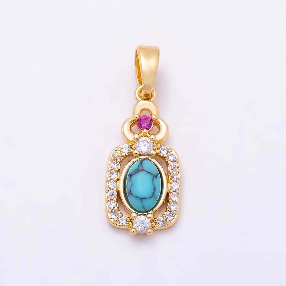 16K Gold Filled 18mm Turquoise Cabochon Micro Paved CZ Bezel Oval Pendant | Charms-02344 - Charms-02345