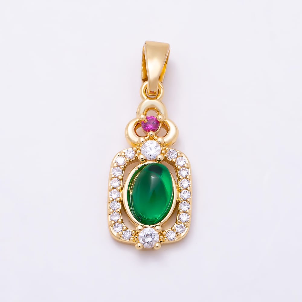 16K Gold Filled 18mm Green Agate Cabochon Micro Paved CZ Bezel Oval Pendant | Charms-02346 Charms-02347