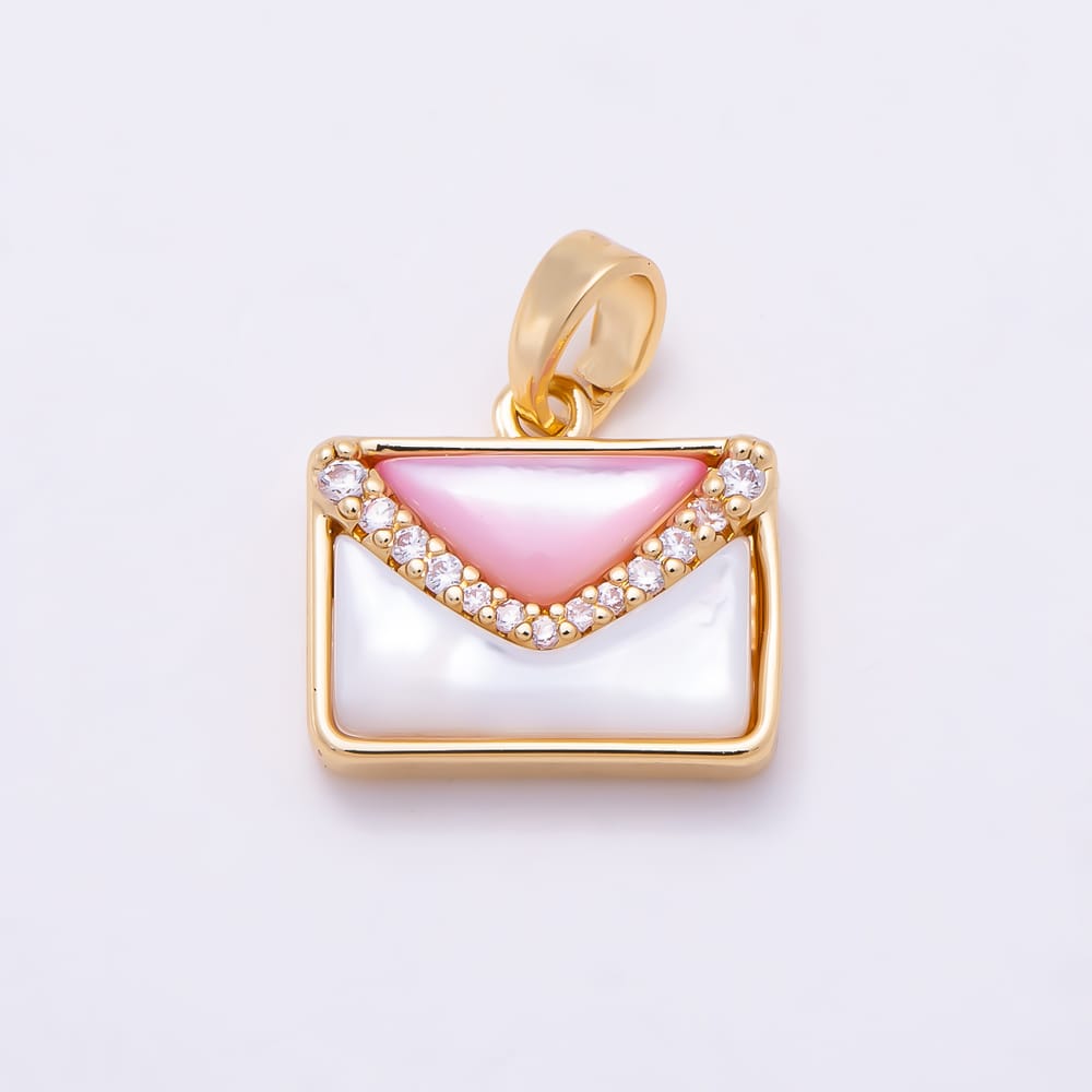16K Gold Filled 12mm Pink White Shell Pearl Micro Paved CZ Love Letter Envelope Pendant in Gold & Silver | Charms-02348 Charms-02349
