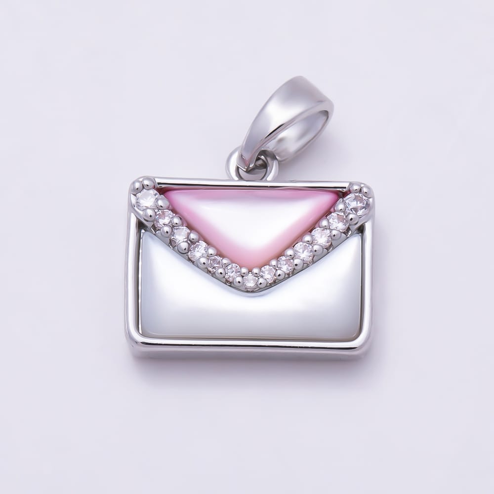 16K Gold Filled 12mm Pink White Shell Pearl Micro Paved CZ Love Letter Envelope Pendant in Gold & Silver | Charms-02348 Charms-02349