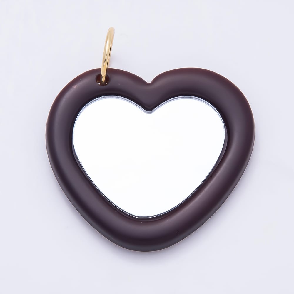 16K Gold Filled 54mm Dark Brown Enamel Mini Portable Mirror Heart Charm | Charms-02363