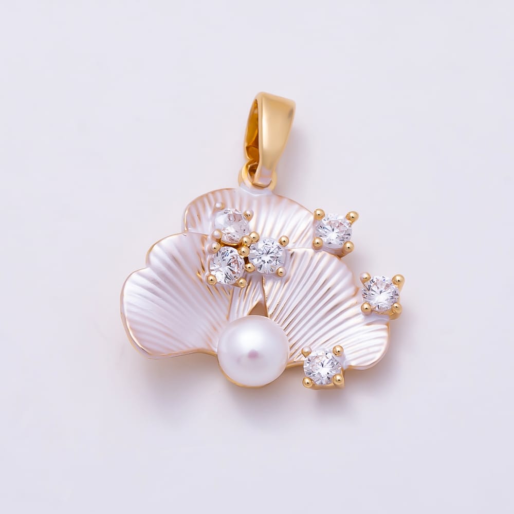 16K Gold Filled 19mm Clear CZ Cluster Shell Pearl White Enamel Ginkgo Leaf Pendant in Gold & Silver | Charms-02365 Charms-02366