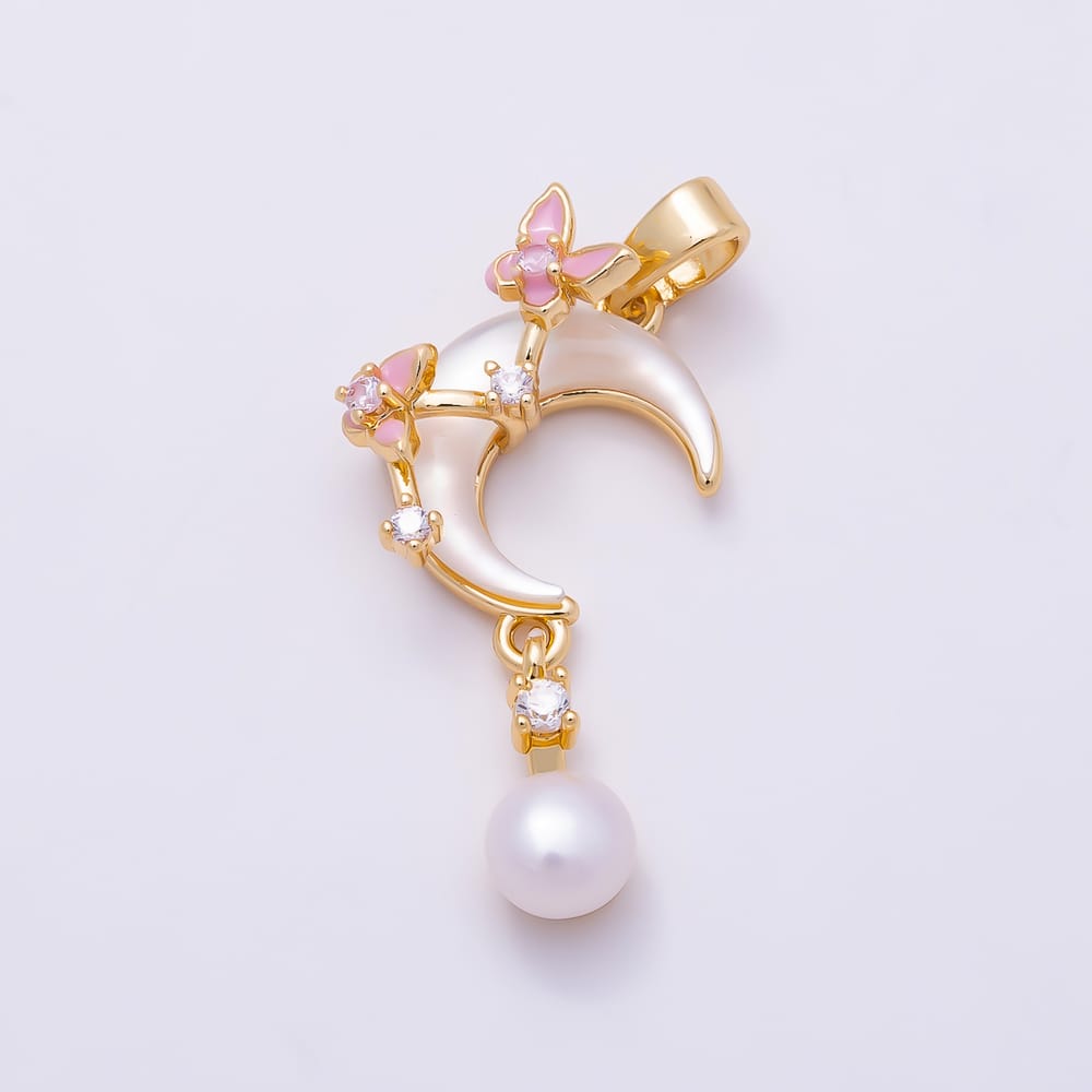 16K Gold Filled 14mm CZ Shell Pearl Drop Celestial Crescent Moon Pendant in Gold & Silver | Charms-02367 Charms-02368