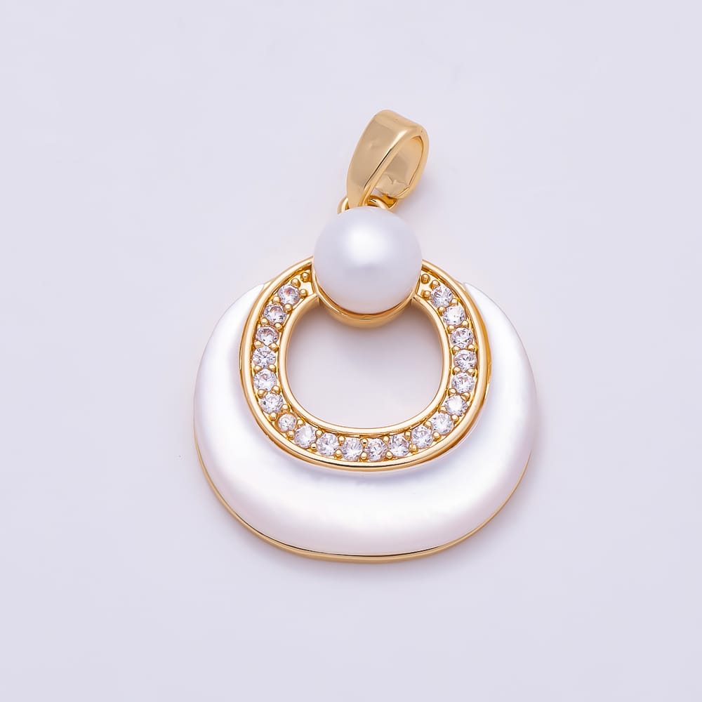 16K Gold Filled 21mm Micro Paved CZ Shell Pearl Open Circle Round Pendant in Gold & Silver | Charms-02369 Charms-02370