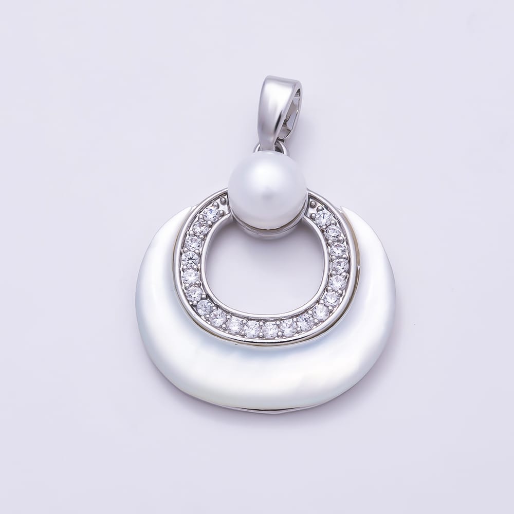 16K Gold Filled 21mm Micro Paved CZ Shell Pearl Open Circle Round Pendant in Gold & Silver | Charms-02369 Charms-02370