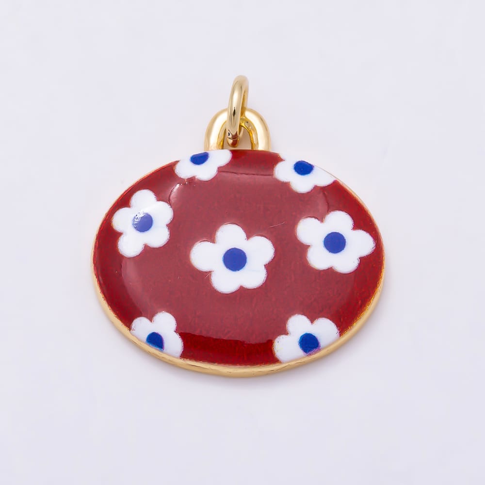 16K Gold Filled 19mm Red Blue White Daisy Flower Enamel Oval East West Charm | Charms-02371