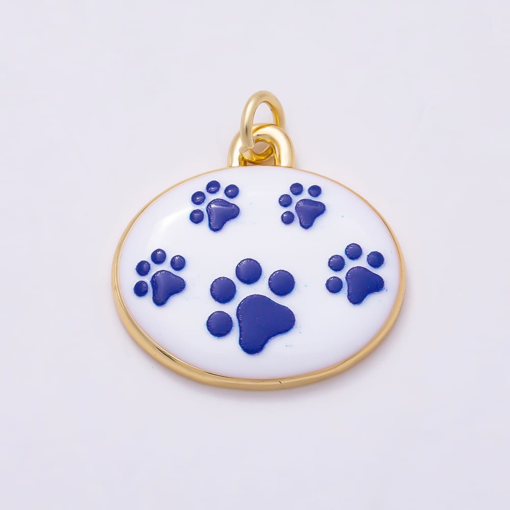 16K Gold Filled 19mm White Blue Enamel Animal Paw Print Bezel Oval Charm | Charms-02372