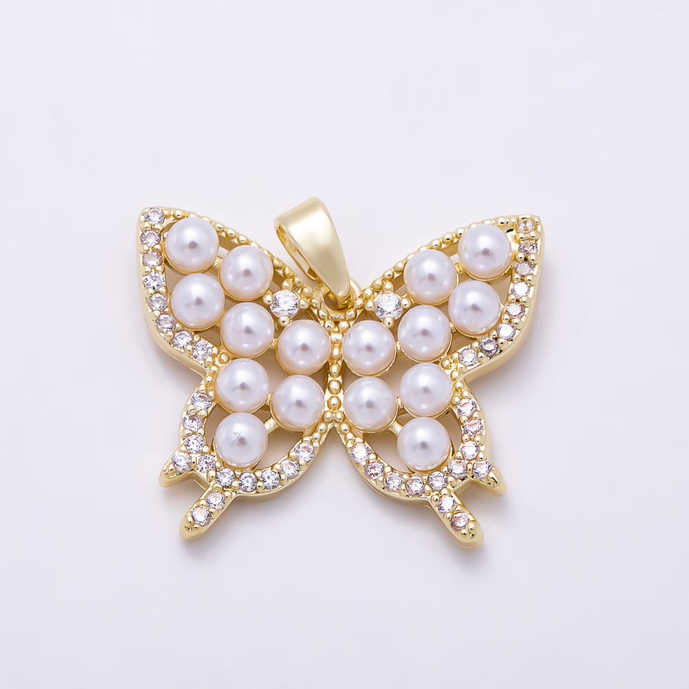 16K Gold Filled 20mm Shell Pearl Micro Paved CZ Butterfly Animal Pendant in Gold & Silver | Charms-02373 Charms-02374