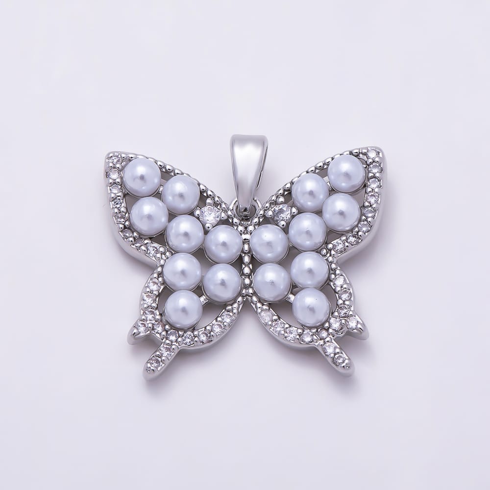 16K Gold Filled 20mm Shell Pearl Micro Paved CZ Butterfly Animal Pendant in Gold & Silver | Charms-02373 Charms-02374