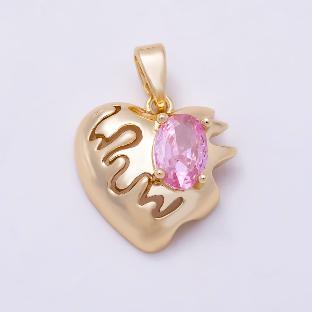16K Gold Filled 15mm Pink Oval CZ Wave Molten Heart Pendant in Gold & Silver | Charms-02375 Charms-02376