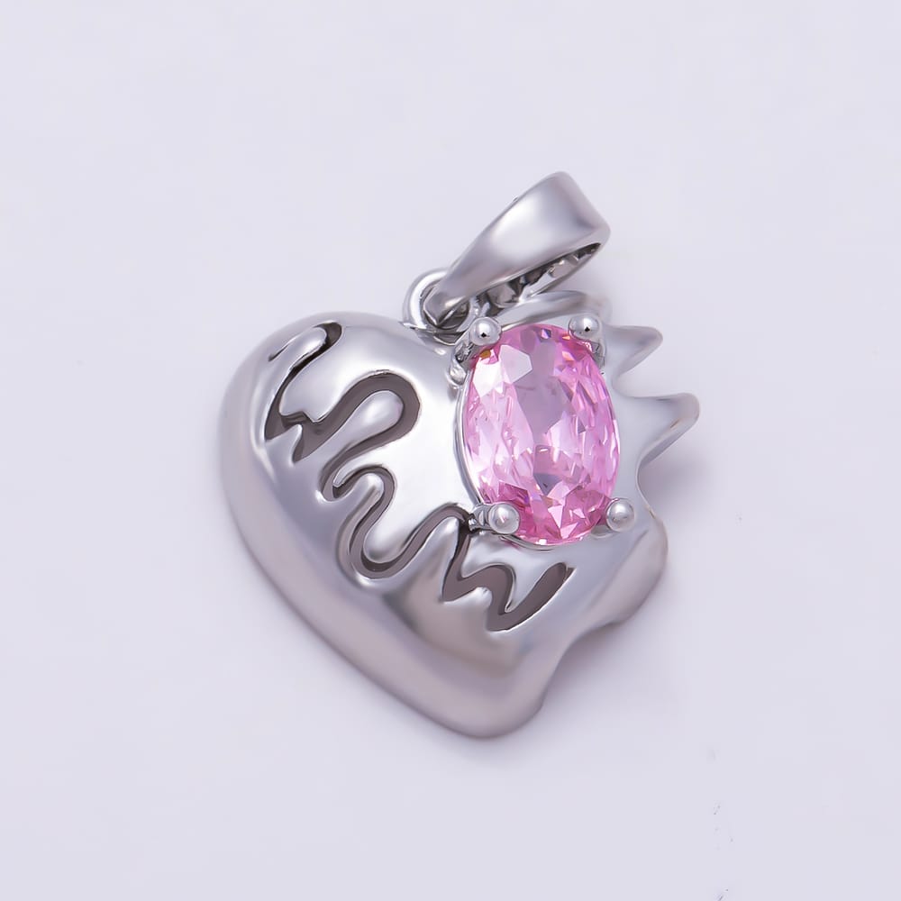 16K Gold Filled 15mm Pink Oval CZ Wave Molten Heart Pendant in Gold & Silver | Charms-02375 Charms-02376