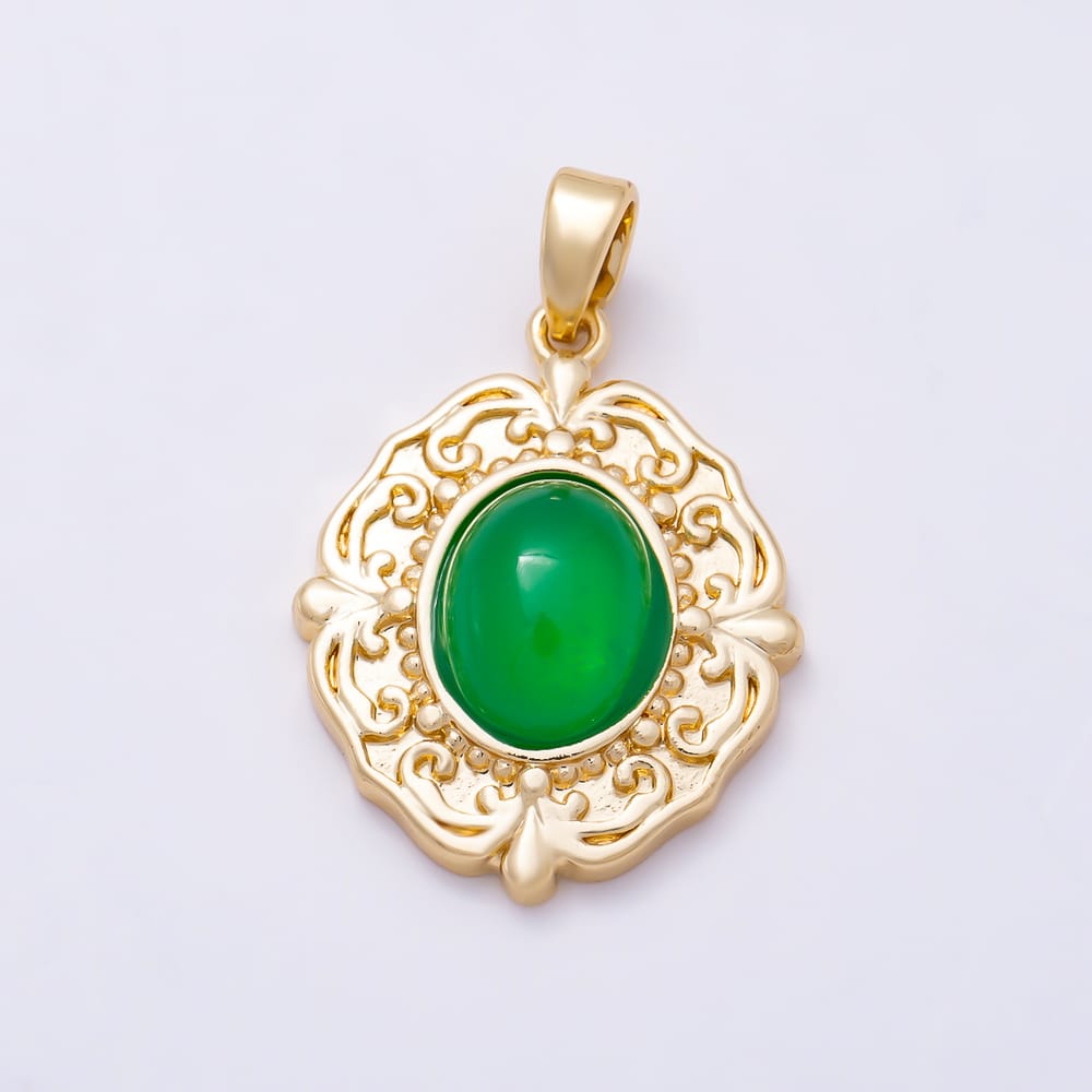 16K Gold Filled 20mm Green Agate Artisan Bezel Oval Cabochon Gemstone Pendant | Charms-02377