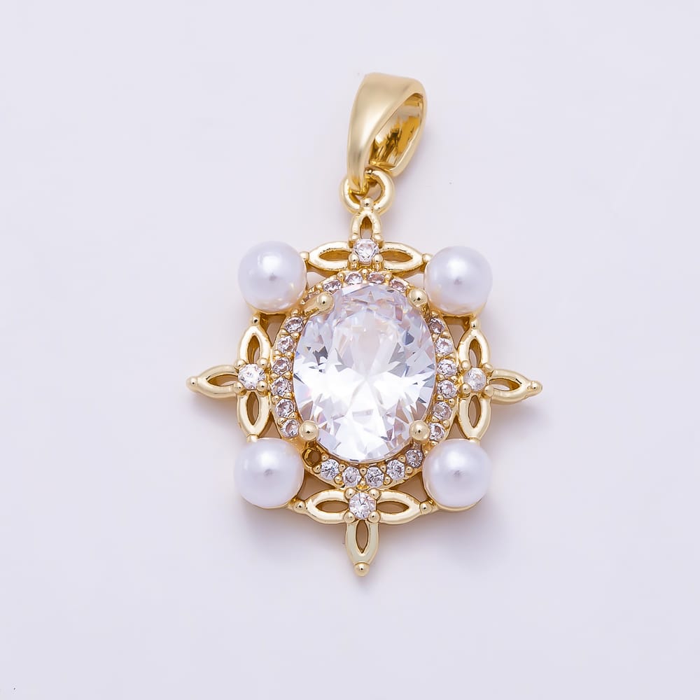 16K Gold Filled 21mm Clear Micro Paved CZ White Shell Pearl Flower Oval Pendant in Gold & Silver | Charms-02379