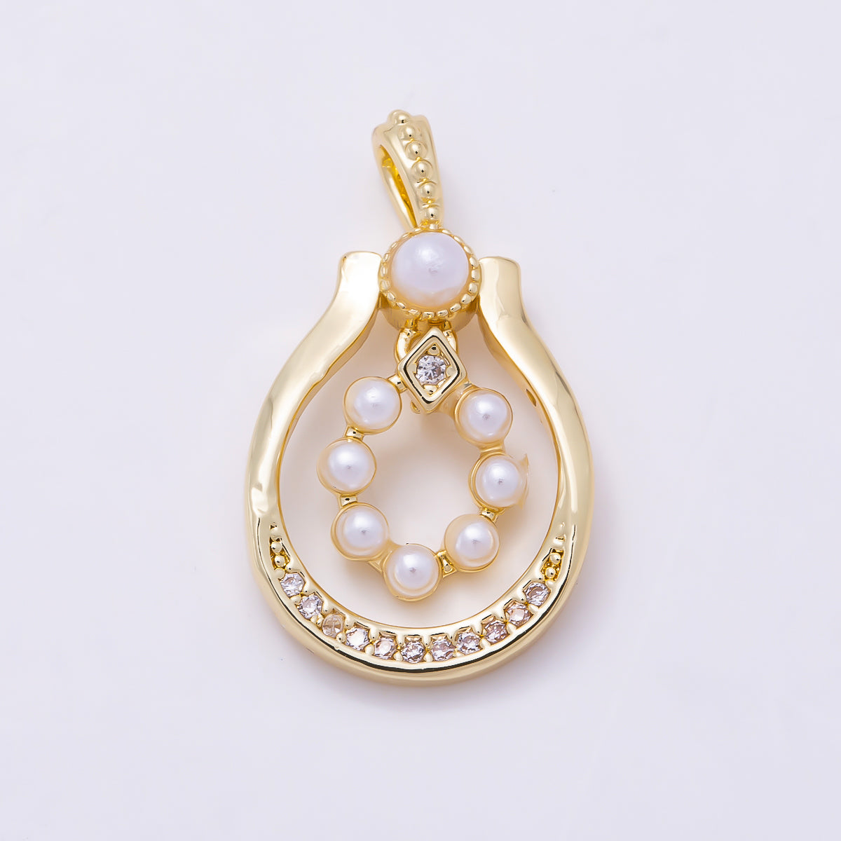 16K Gold Filled 23mm Shell Pearl Micro Paved CZ Open Teardrop Oval Pendant | Charms-02380