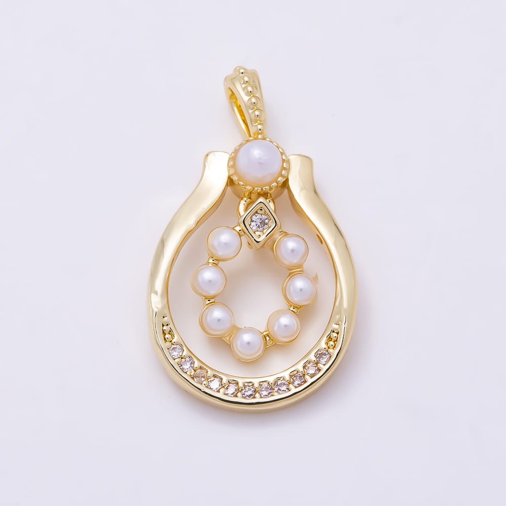 16K Gold Filled 23mm Shell Pearl Micro Paved CZ Open Teardrop Oval Pendant | Charms-02380