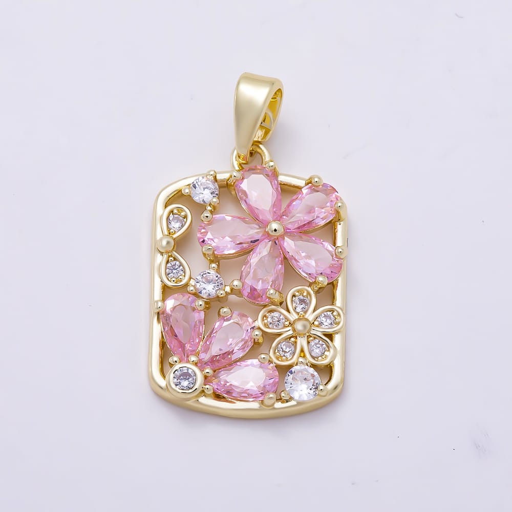 16K Gold Filled 20mm Pink Clear CZ Flower Open Rectangle Tag Pendant | Charms-02381