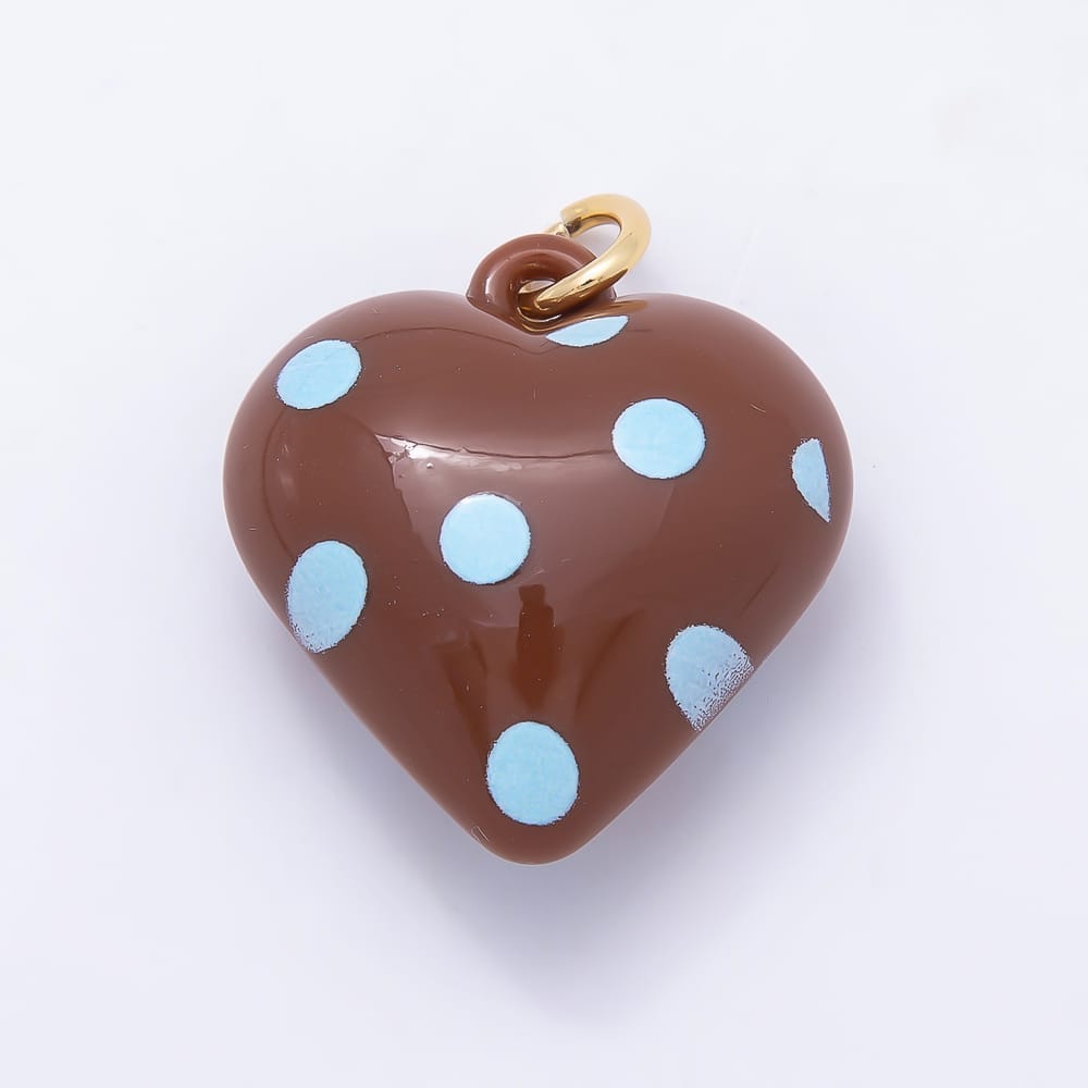 AUNTUMN FALL 18K Gold Filled 35mm Blue Polka Dotted Red Enamel Resin Chubby Heart Charm | Charms-02382