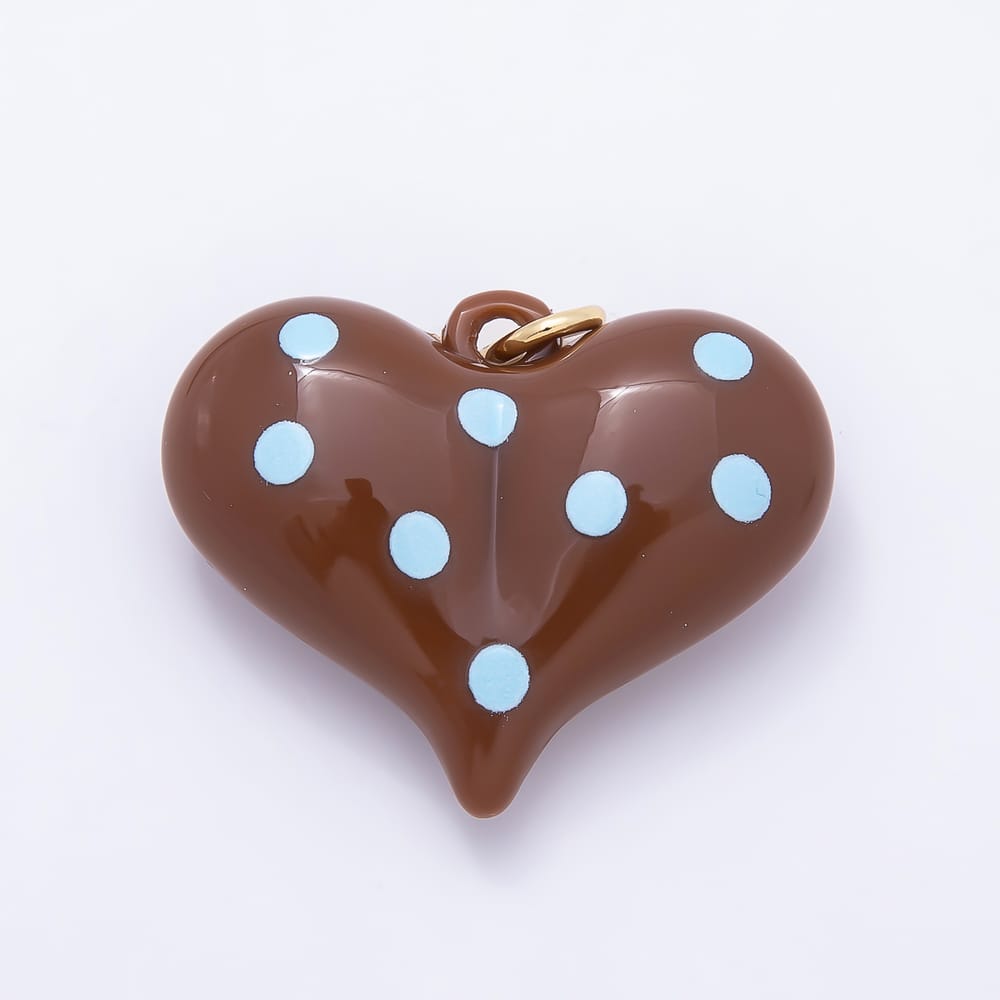 AUNTUMN FALL 18K Gold Filled 35mm Brown, Blue Polka Dotted Enamel Resin Chubby Heart Charm | Charms-02384 Charms-02385