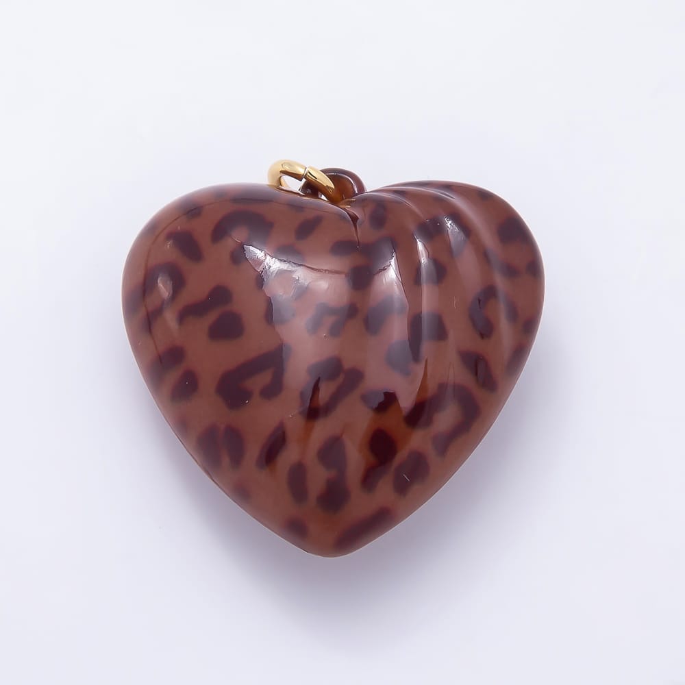 AUNTUMN FALL 18K Gold Filled 40mm Cheetah Leopard Print Brown Enamel Resin Chubby Heart Charm | Charms-02395