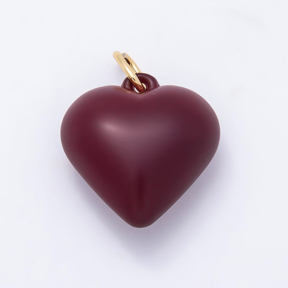 AUNTUMN FALL 18K Gold Filled 34mm Burgundy Red Enamel Resin Chubby Heart Charm | Charms-02396