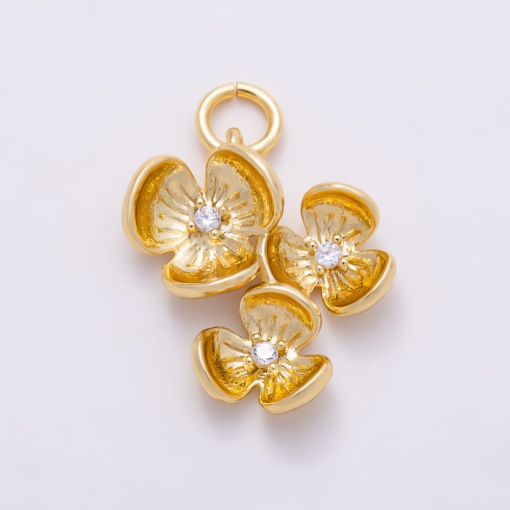 16K Gold Filled 17mm Triple Clear CZ Lined Petal Flower Round 3D Multidimensional Charm | Charms-02398