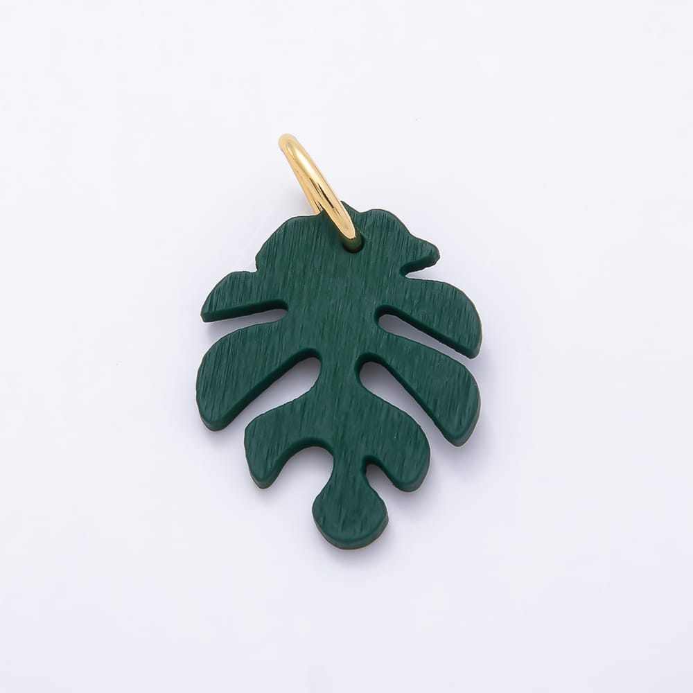18K Gold Filled 30mm Green, Grey, Olive, Red, Blue, Orange, Black, Yellow, Pink, Brown Lined Monstera Palm Leaf Light Wood Charm | Charms-02428 ~ Charms-02437