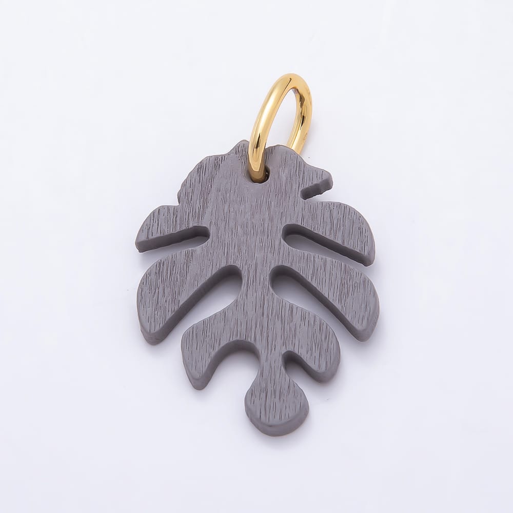 18K Gold Filled 30mm Green, Grey, Olive, Red, Blue, Orange, Black, Yellow, Pink, Brown Lined Monstera Palm Leaf Light Wood Charm | Charms-02428 ~ Charms-02437