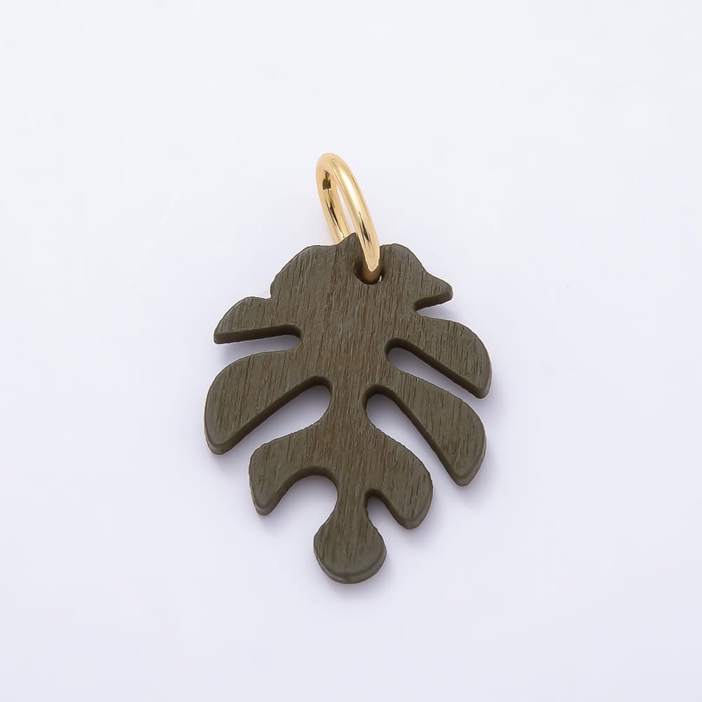 18K Gold Filled 30mm Green, Grey, Olive, Red, Blue, Orange, Black, Yellow, Pink, Brown Lined Monstera Palm Leaf Light Wood Charm | Charms-02428 ~ Charms-02437