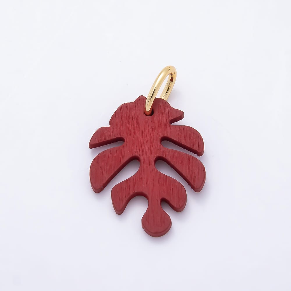 18K Gold Filled 30mm Green, Grey, Olive, Red, Blue, Orange, Black, Yellow, Pink, Brown Lined Monstera Palm Leaf Light Wood Charm | Charms-02428 ~ Charms-02437