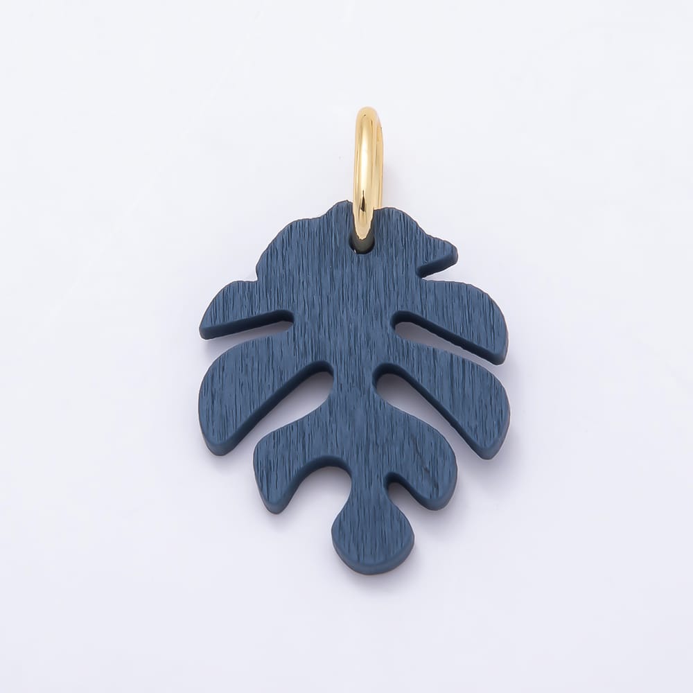 18K Gold Filled 30mm Green, Grey, Olive, Red, Blue, Orange, Black, Yellow, Pink, Brown Lined Monstera Palm Leaf Light Wood Charm | Charms-02428 ~ Charms-02437