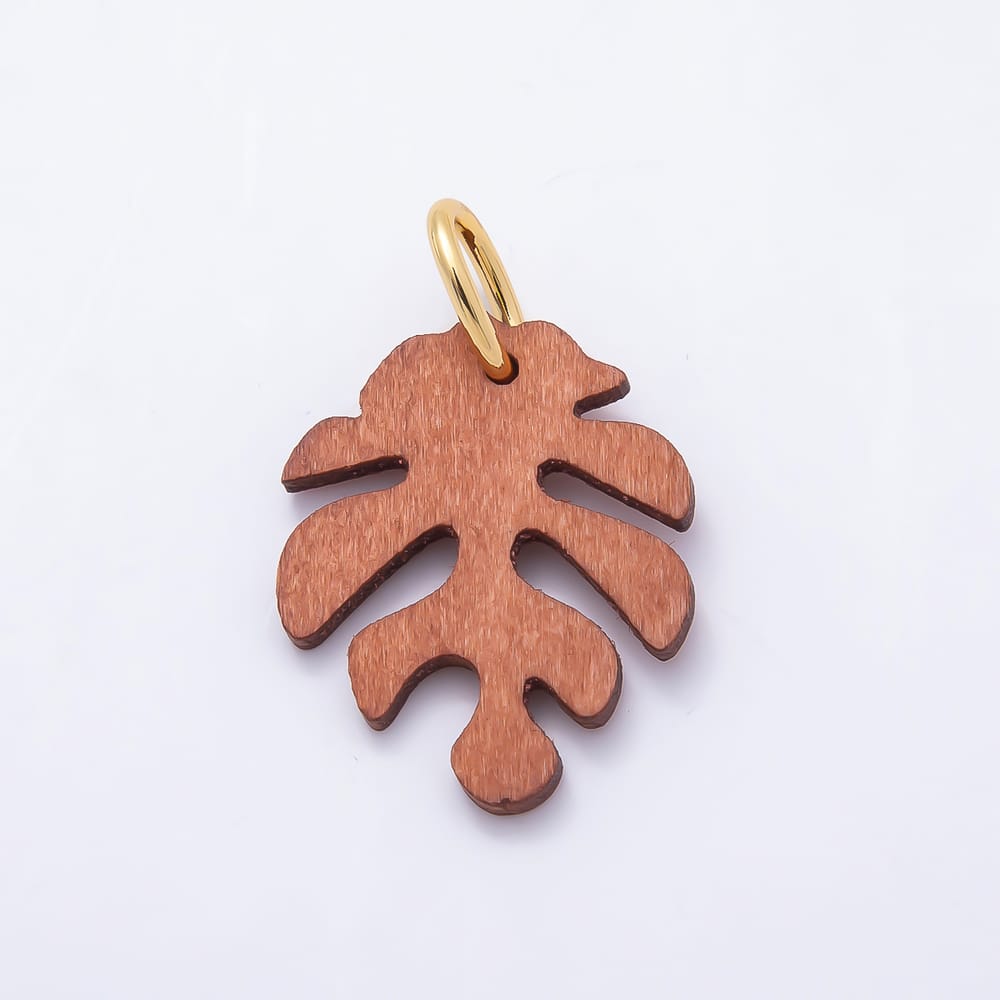 18K Gold Filled 30mm Green, Grey, Olive, Red, Blue, Orange, Black, Yellow, Pink, Brown Lined Monstera Palm Leaf Light Wood Charm | Charms-02428 ~ Charms-02437